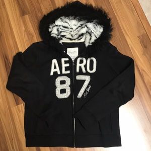 AEROPOSTALE LADIES BLACK FUR ZIP HOODIE JACKET XXL